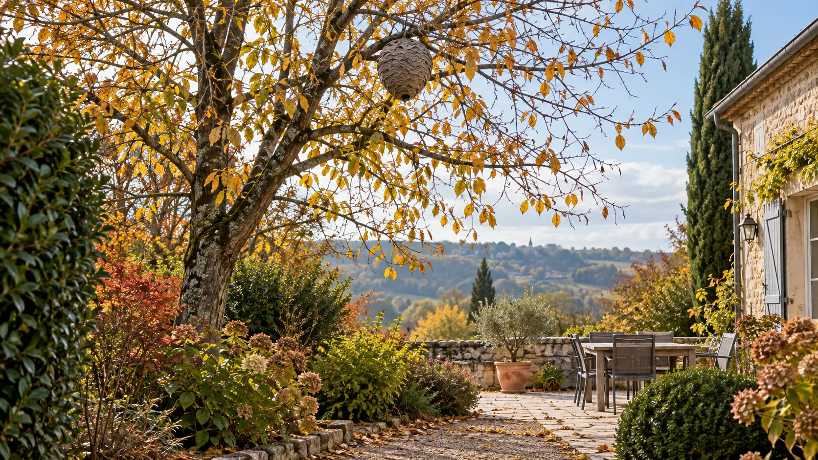 Illustration d’un nid visible en hauteur depuis un jardin à l’automne