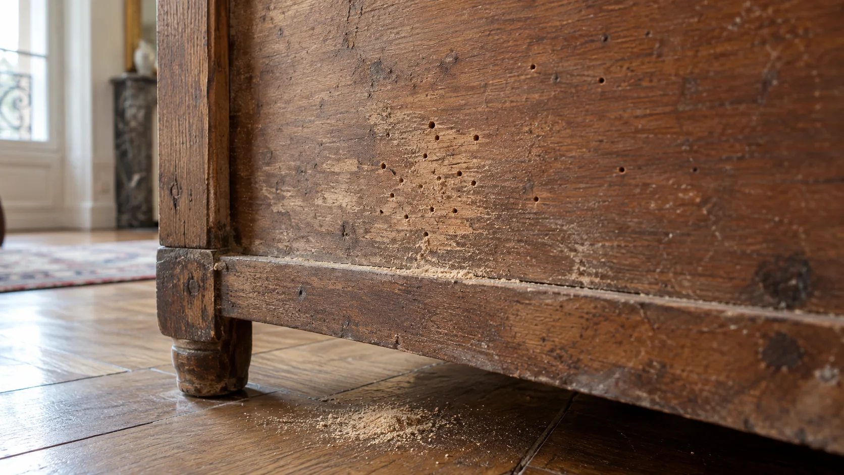 Petits trous ronds et fine vermoulure sur un meuble ancien en bois