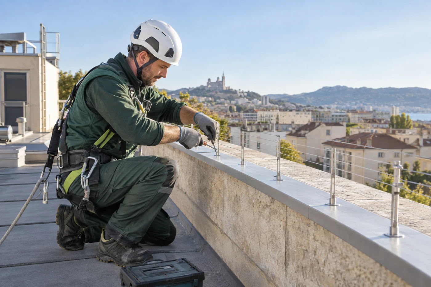Technicien installant un dispositif anti-oiseaux sur une corniche