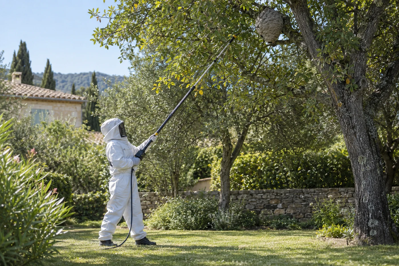 Technicien protégé traitant à distance un nid de frelons situé dans un arbre