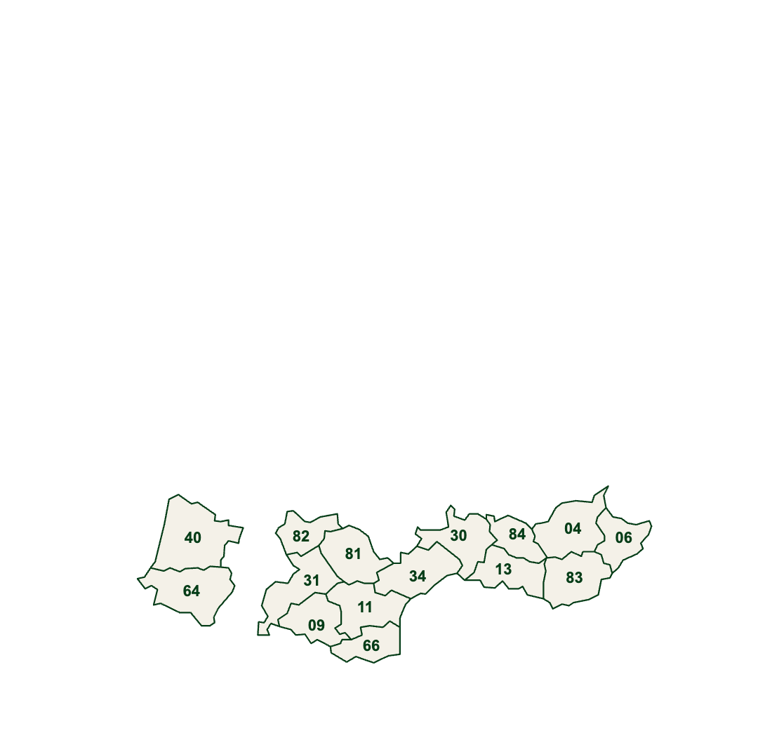 Carte de France des départements d’intervention du réseau partenaire Fieri Nuisible en Occitanie, PACA et Nouvelle-Aquitaine