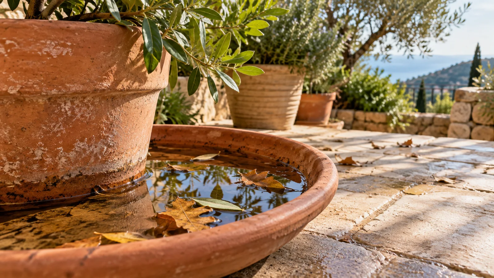 Eau stagnante dans une soucoupe de pot de fleurs sur une terrasse