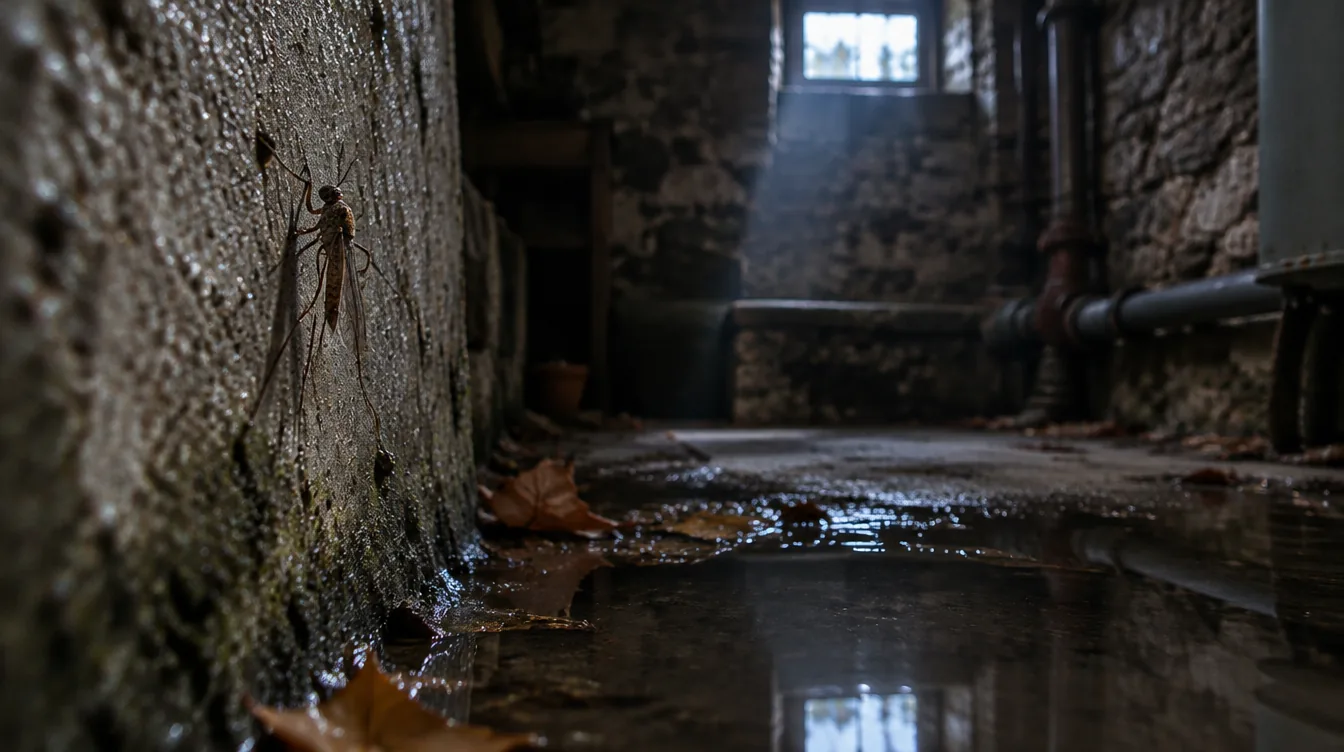 Moustique des caves posé sur un mur humide de sous-sol en automne