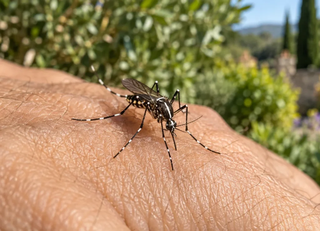 Moustique tigre posé sur une main dans un jardin du Sud en octobre