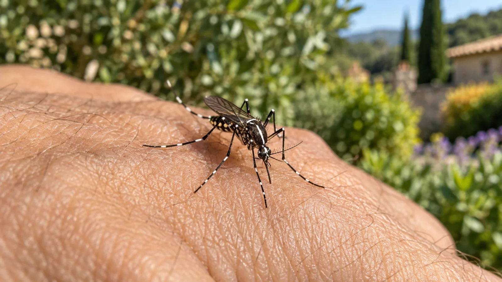 Moustique tigre posé sur une main dans un jardin du Sud en octobre