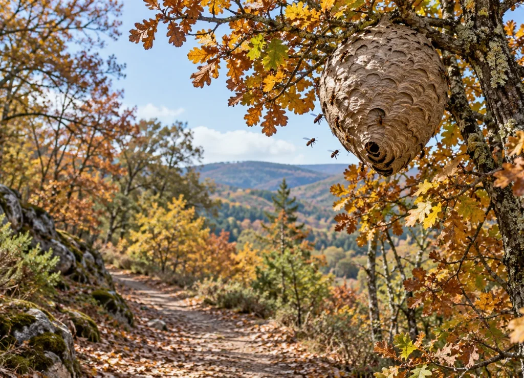 Illustration d’un nid de frelons dans un arbre près d’un sentier en automne