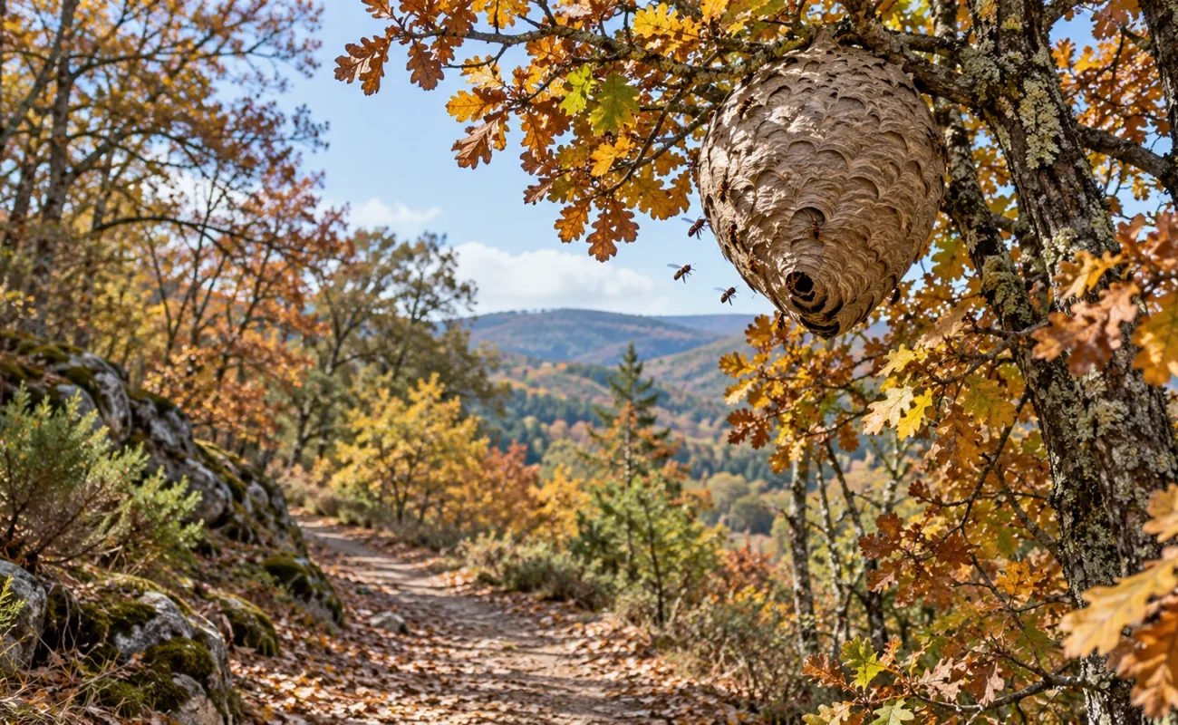 Illustration d’un nid de frelons dans un arbre près d’un sentier en automne