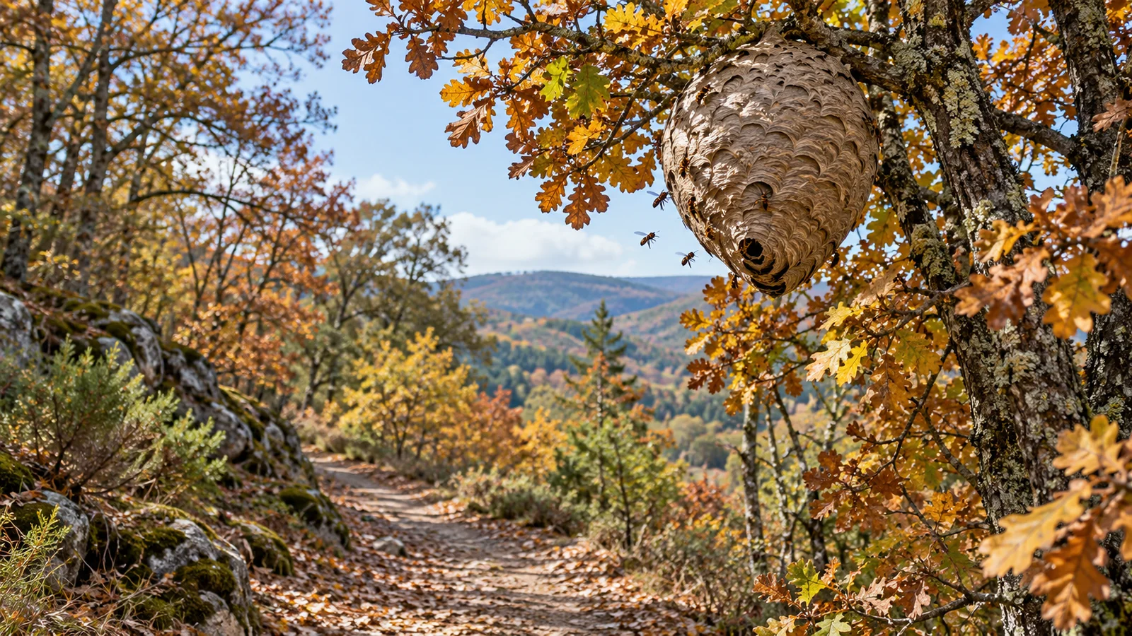 Illustration d’un nid de frelons dans un arbre près d’un sentier en automne