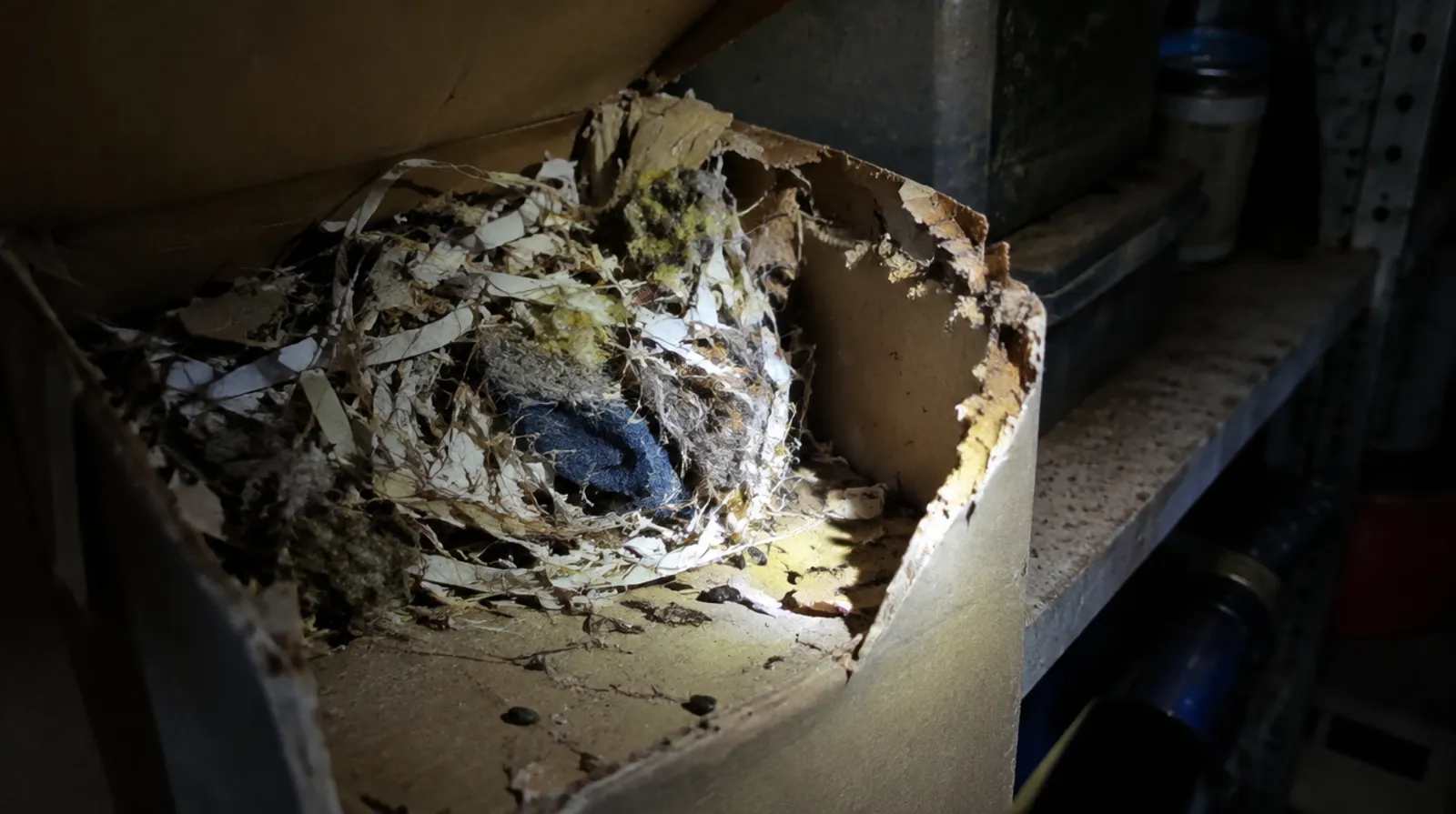 Nid de souris en papier dans un carton de garage