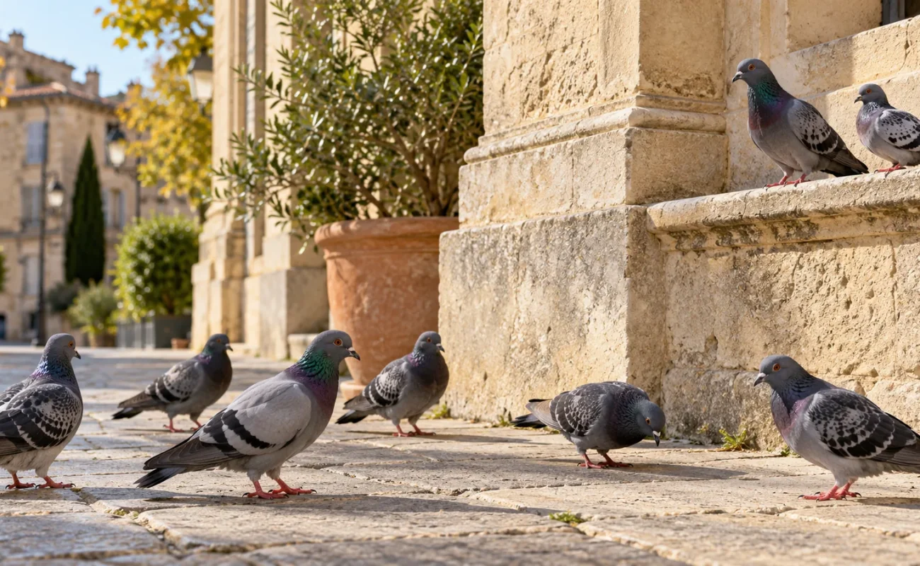 Illustration de pigeons urbains sur une place bordée de bâtiments en pierre
