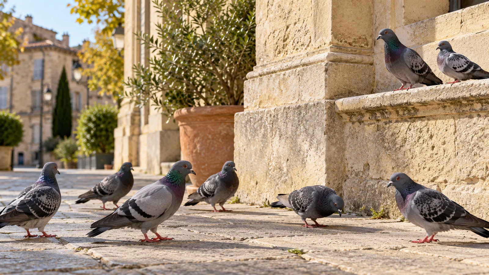 Illustration de pigeons urbains sur une place bordée de bâtiments en pierre