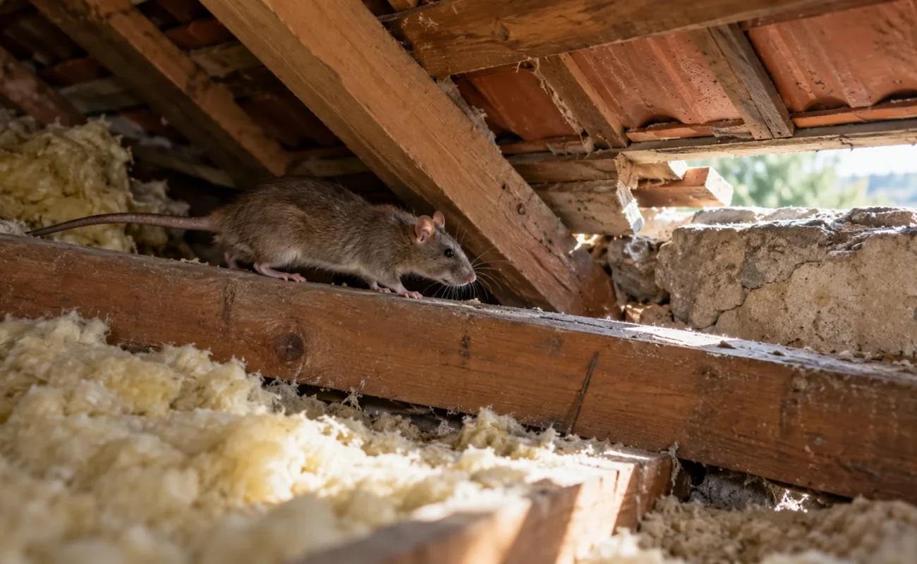 Rat se déplaçant sur une poutre dans des combles isolés