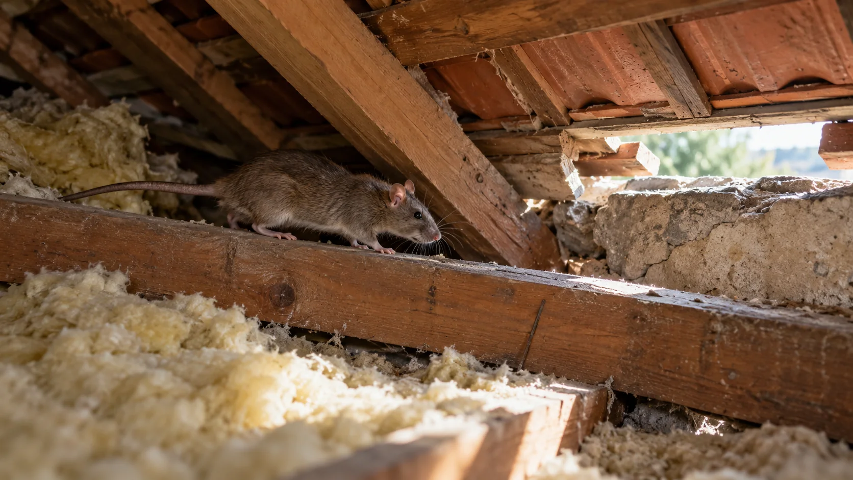 Rat se déplaçant sur une poutre dans des combles isolés