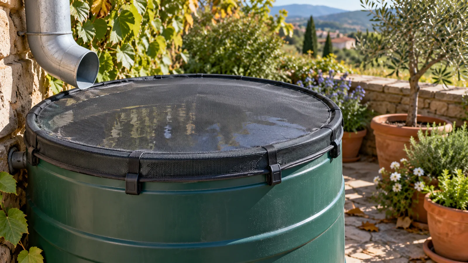 Récupérateur d’eau de jardin protégé par une moustiquaire fine