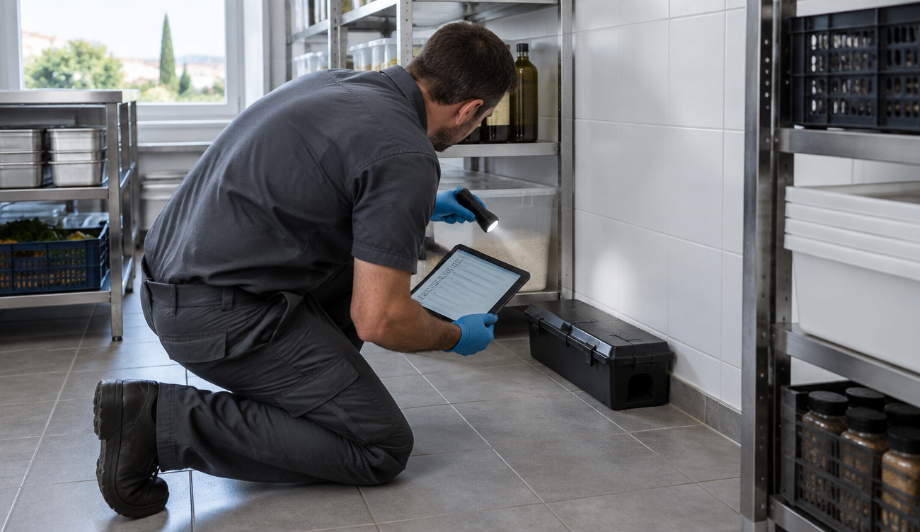 Technicien anti-nuisibles inspectant un poste d'appâtage sécurisé dans une réserve